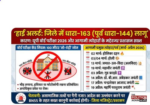 जौनपुर में ‘धारा 163’ (पूर्व धारा 144) लागू: बोर्ड परीक्षा और होली-रमजान को लेकर प्रशासन सख्त; परीक्षा केंद्रों के 100 मीटर में नो-एंट्री