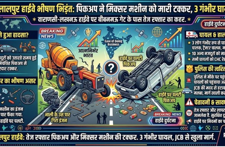 जौनपुर : हाईवे पर पिकअप और मिक्सर मशीन की टक्कर, 3 गंभीर घायल