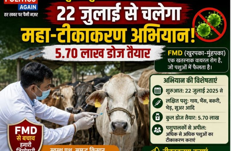 जौनपुर: पशुओं के लिए FMD टीकाकरण अभियान 22 जुलाई से शुरू