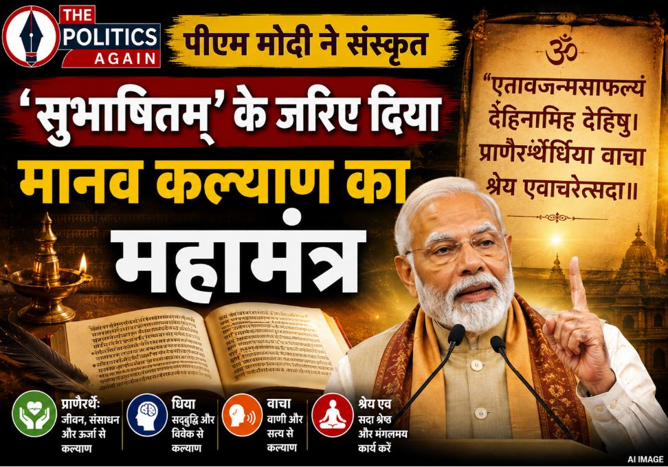 Prime Minister Narendra Modi folding hands with a backdrop of Sanskrit Shloka on human welfare and philanthropy