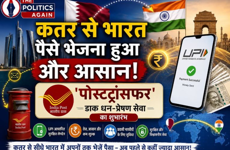 A graphic illustrating international money transfer from Qatar Post to an Indian bank account using UPI and PosTransfer