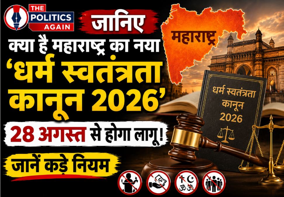 A graphic representing the Maharashtra Freedom of Religion Act 2026, showing the scales of justice alongside the legislative assembly building