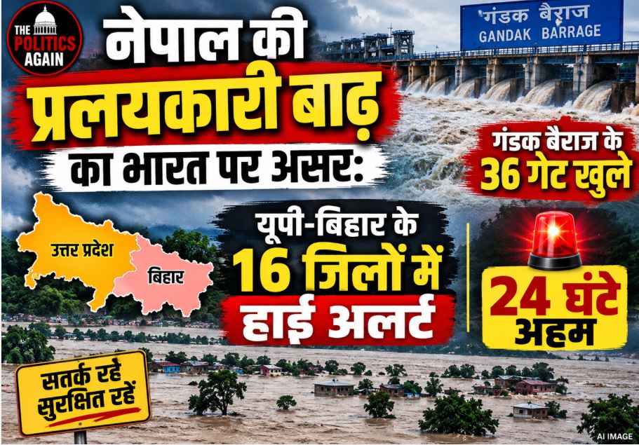 Massive water discharge from the opened gates of the Gandak Barrage in West Champaran following flash floods in Nepal