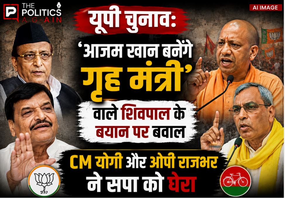 Split image showing Shivpal Yadav and Azam Khan on one side, and CM Yogi Adityanath with OP Rajbhar on the other