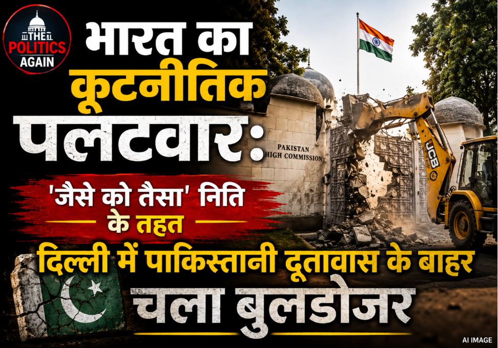 A bulldozer removing illegal barricades and encroachments outside the Pakistan High Commission in New Delhi.