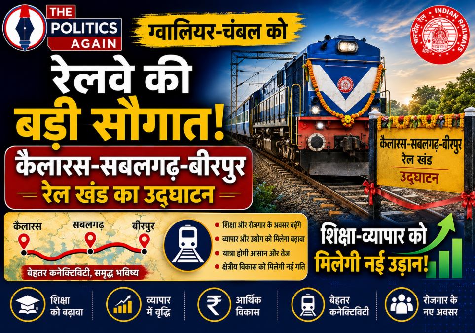 A graphical representation of the Kailaras-Sabalgarh-Birpur train line inauguration featuring Union Ministers Ashwini Vaishnaw, Jyotiraditya Scindia, and MP CM Dr. Mohan Yadav