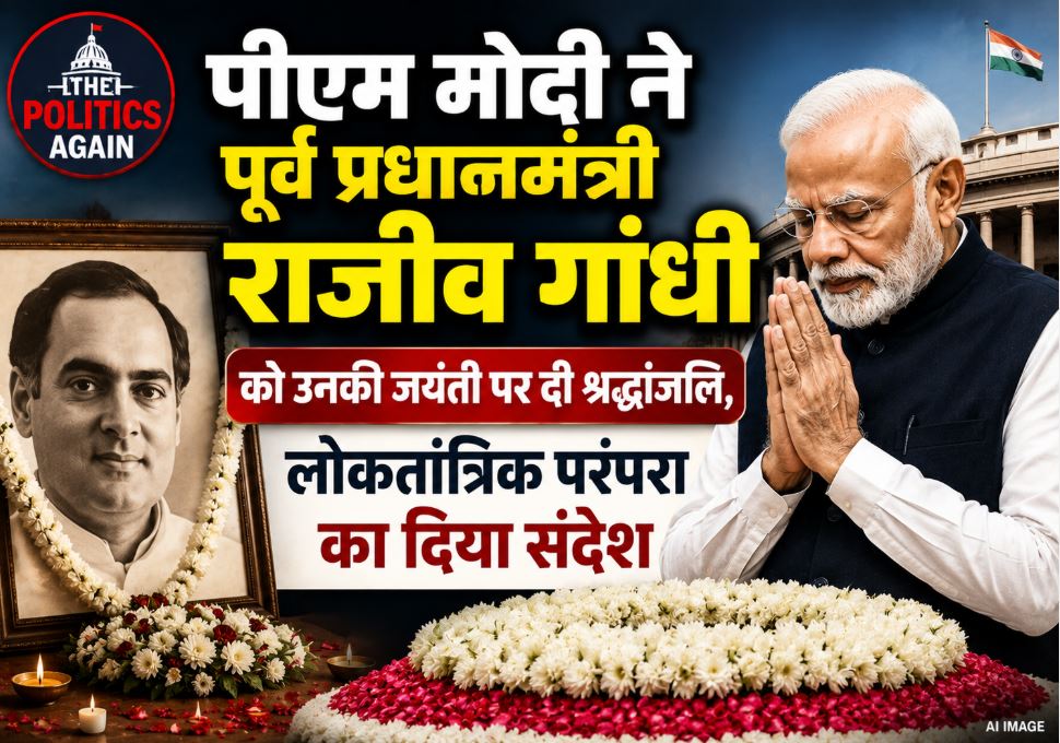 Portrait of former Prime Minister Rajiv Gandhi with a tribute message from PM Narendra Modi on his birth anniversary