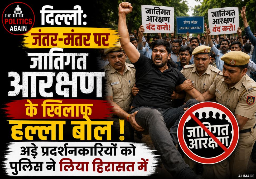 Protesters protesting against caste based reservation and demanding economic reservation at Jantar Mantar Delhi