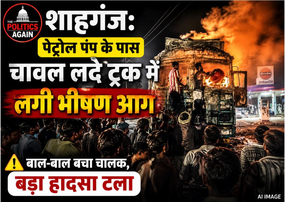Fire brigade extinguishing the burning cabin of a rice-loaded truck near a petrol pump in Shahganj