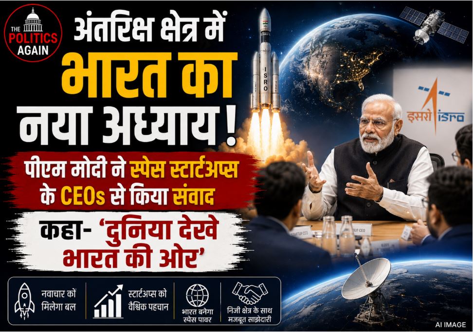 Prime Minister Narendra Modi interacting with CEOs and founders of top Indian space startups