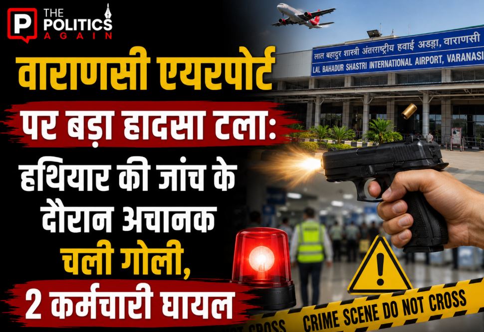 Security personnel and police investigating the accidental firing scene at Lal Bahadur Shastri International Airport in Varanasi