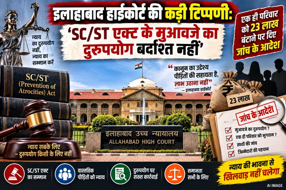 The majestic building of Allahabad High Court with a gavel, representing the strict order against the misuse of SC/ST Act relief funds