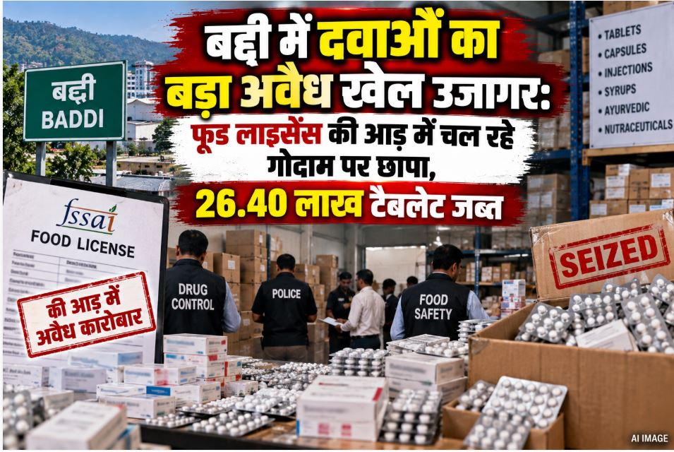 Drug Control Department officials and police inspecting the seized cartons of Ferocure tablets at a warehouse in Baddi