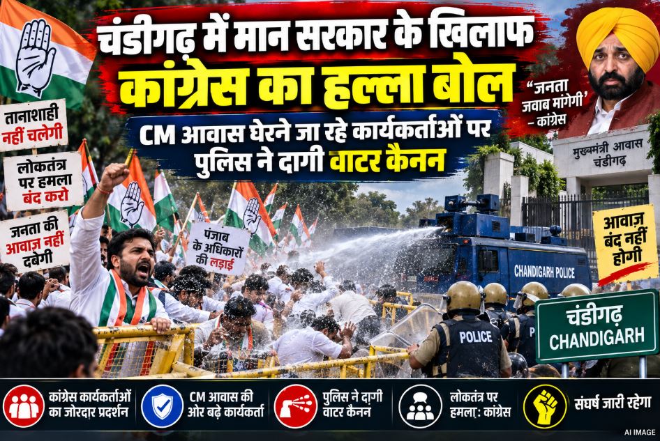 Chandigarh police using water cannons to disperse Punjab Congress workers protesting under the leadership of Amarinder Singh Raja Warring