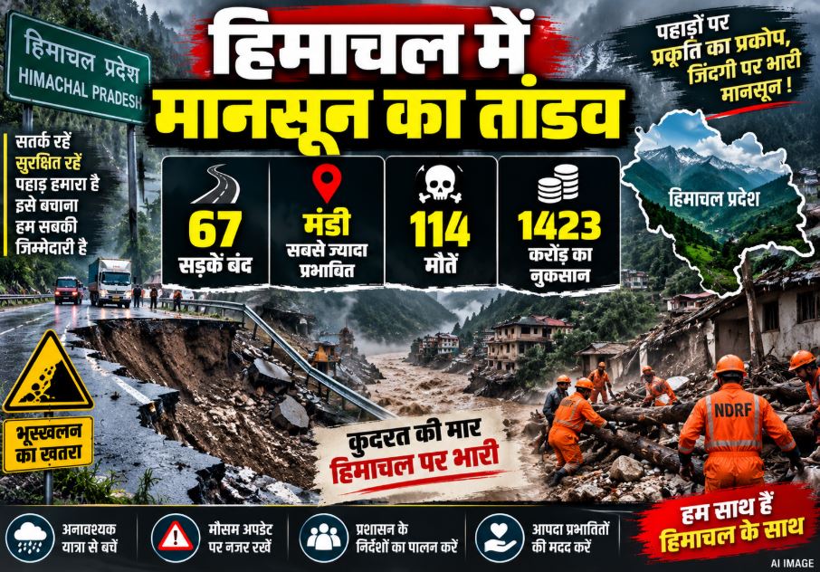 Earthmover clearing debris from a blocked mountain road in Himachal Pradesh following heavy monsoon rains and landslides