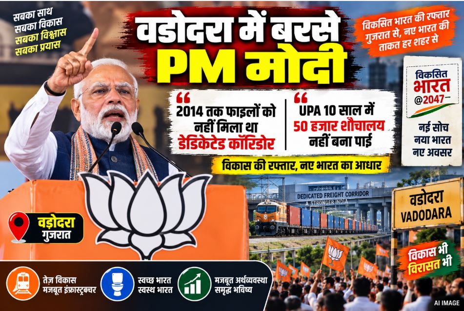 PM Narendra Modi addressing the 'Namo for Viksit Bharat' program in Vadodara, highlighting the success of the Dedicated Freight Corridor