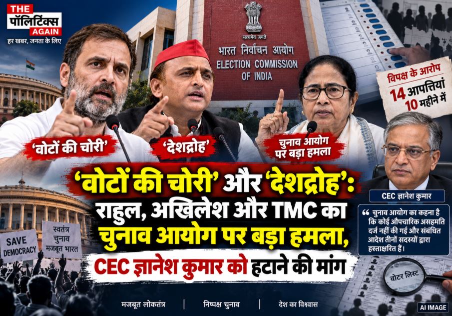 Opposition leaders Rahul Gandhi, Akhilesh Yadav, and Abhishek Banerjee demanding a Supreme Court-monitored probe into the Election Commission's voter list revision
