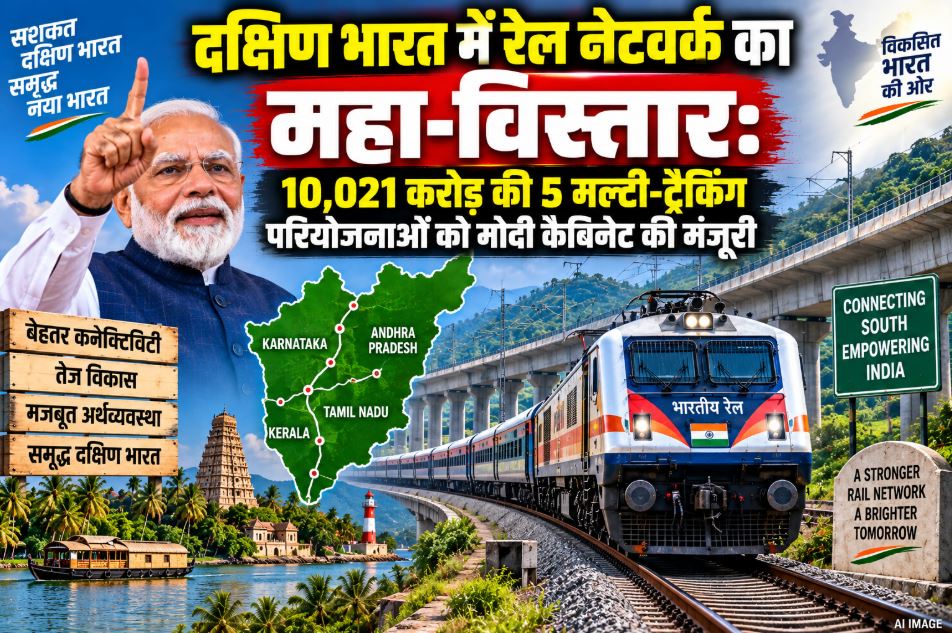 A modern Indian Railways train running on a multi-track route, representing the expansion of rail infrastructure in South India