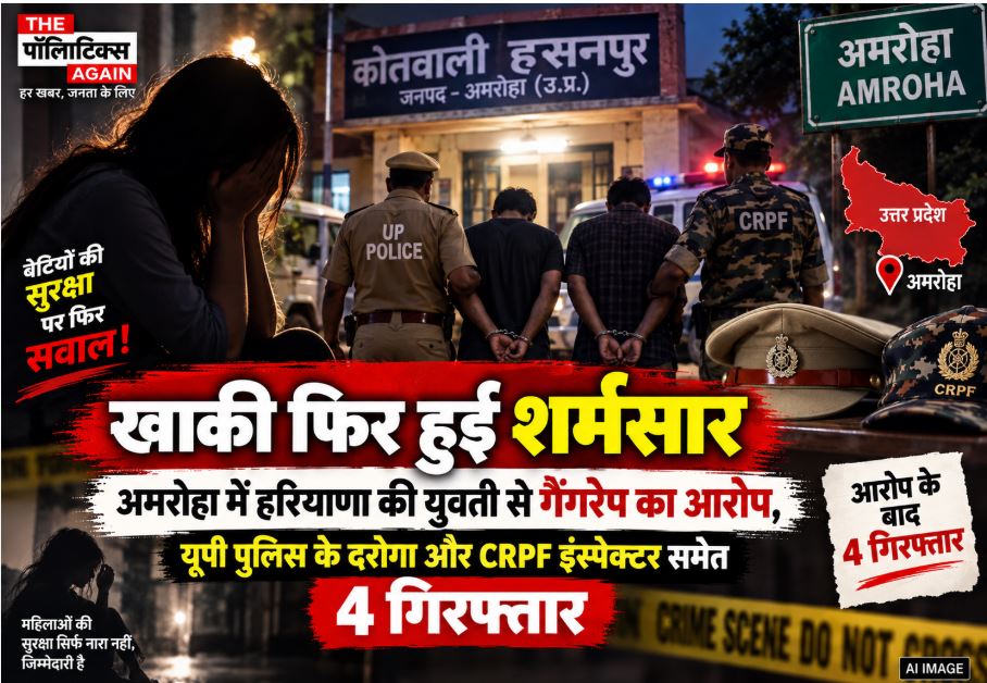 UP Police officials and police station building representing the arrest of cops and CRPF personnel in the Amroha gang-rape case