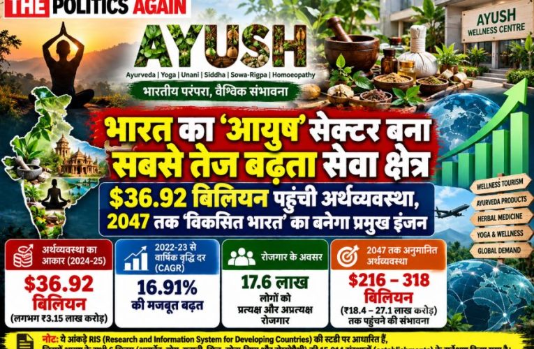 Infographic showing the economic growth of the Ayush service sector in India, featuring Ayurveda, Yoga, and medical value travel statistics