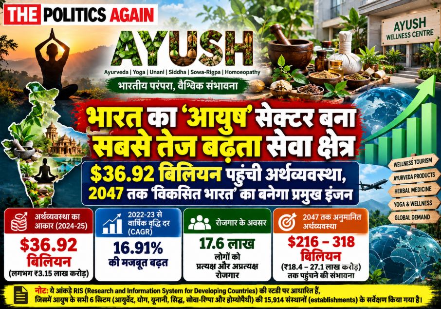 Infographic showing the economic growth of the Ayush service sector in India, featuring Ayurveda, Yoga, and medical value travel statistics