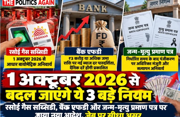 Infographic depicting October 1 new rules for LPG cylinder subsidy, bank fixed deposit interest rates, and birth-death registration process