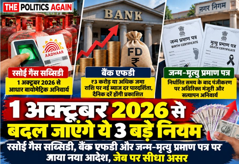 Infographic depicting October 1 new rules for LPG cylinder subsidy, bank fixed deposit interest rates, and birth-death registration process