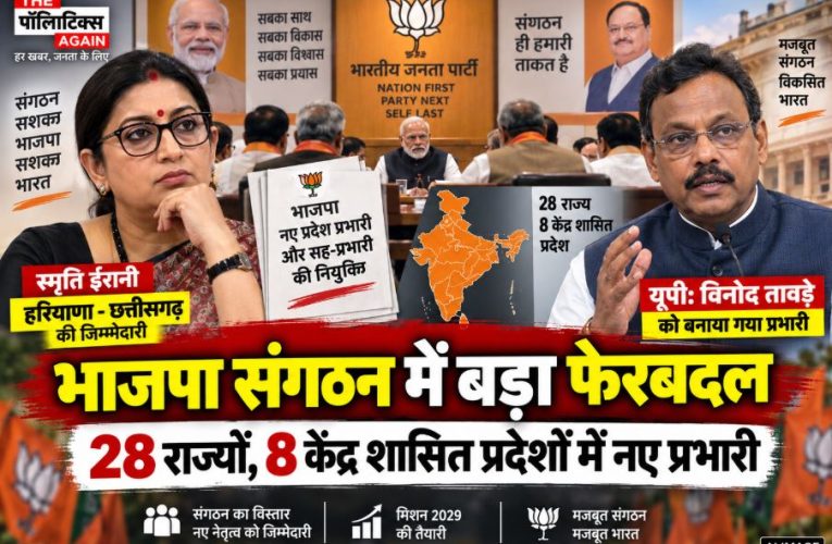 A collage of key BJP leaders including Smriti Irani, Vinod Tawde, and JP Nadda showcasing the new organizational appointments