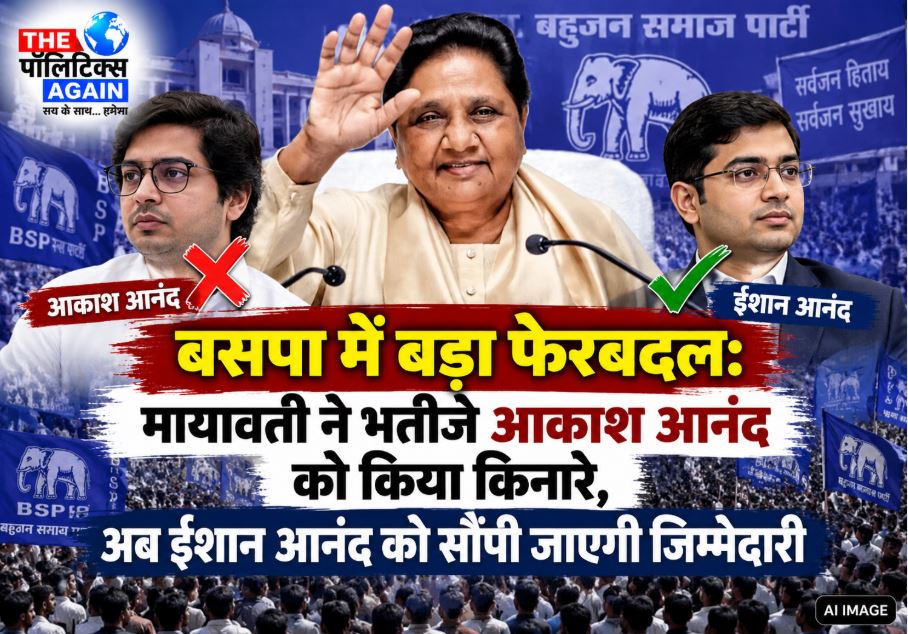 BSP President Mayawati announcing major organizational changes, removing Akash Anand and introducing Ishan Anand