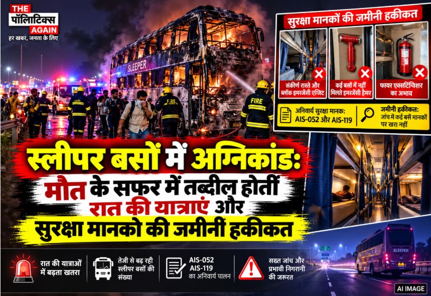Charred remains of a sleeper bus highlighting the lack of fire safety and emergency exit measures leading to tragic accidents
