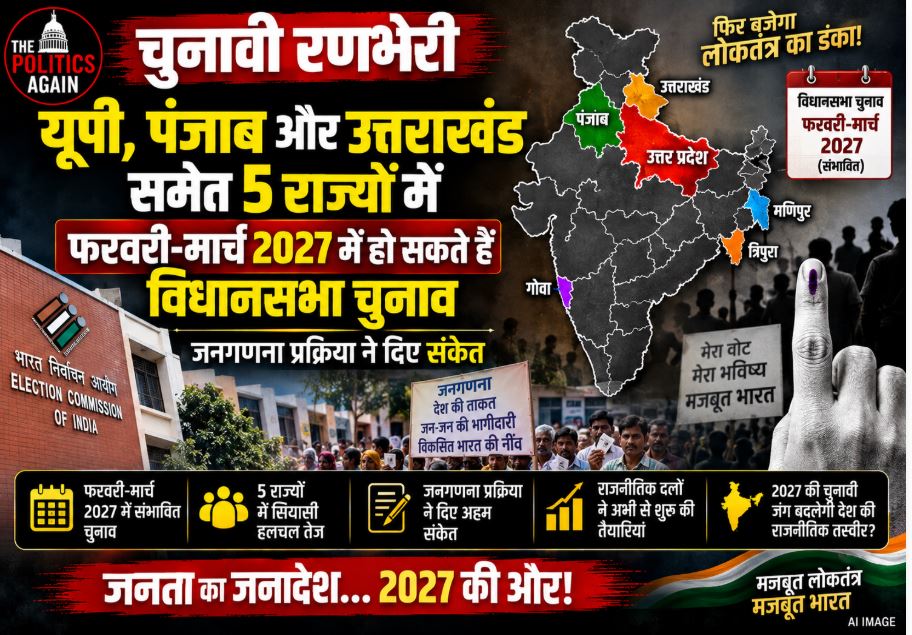Election symbols and maps representing the upcoming 2027 assembly elections in UP, Punjab, Uttarakhand, Goa, and Manipur