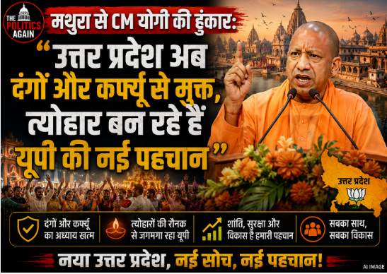 Chief Minister Yogi Adityanath addressing a public gathering and inaugurating development projects worth ₹1,051 crore in Mathura