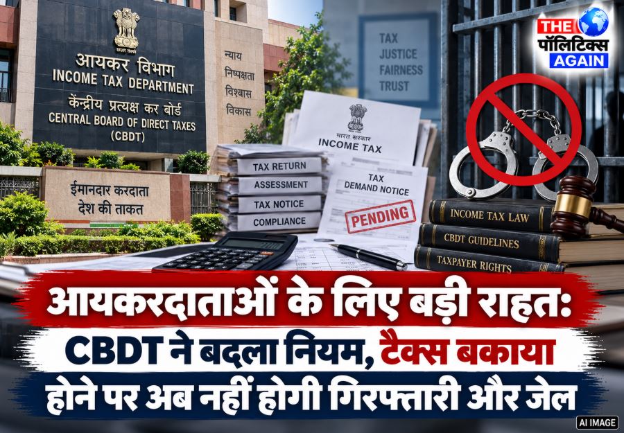 Graphic illustrating a relieved taxpayer with income tax documents and the CBDT notification removing arrest provisions