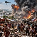 Aftermath of the Myanmar military airstrike at a crowded wholesale market in Kyauktaw area of Rakhine province leaving buildings destroyed