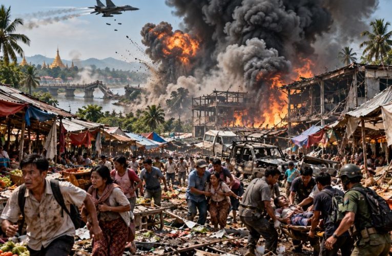 Aftermath of the Myanmar military airstrike at a crowded wholesale market in Kyauktaw area of Rakhine province leaving buildings destroyed