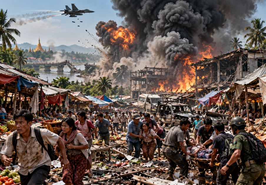 Aftermath of the Myanmar military airstrike at a crowded wholesale market in Kyauktaw area of Rakhine province leaving buildings destroyed
