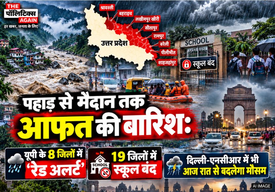 Heavy rainfall and waterlogging on streets in Uttar Pradesh leading to school closures and a Red Alert by IMD