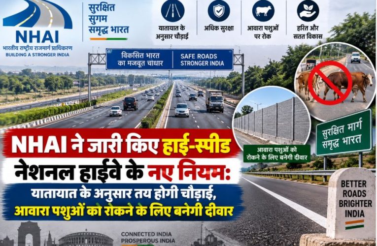 Vehicles moving on a high-speed access-controlled national highway in India, built according to new NHAI guidelines