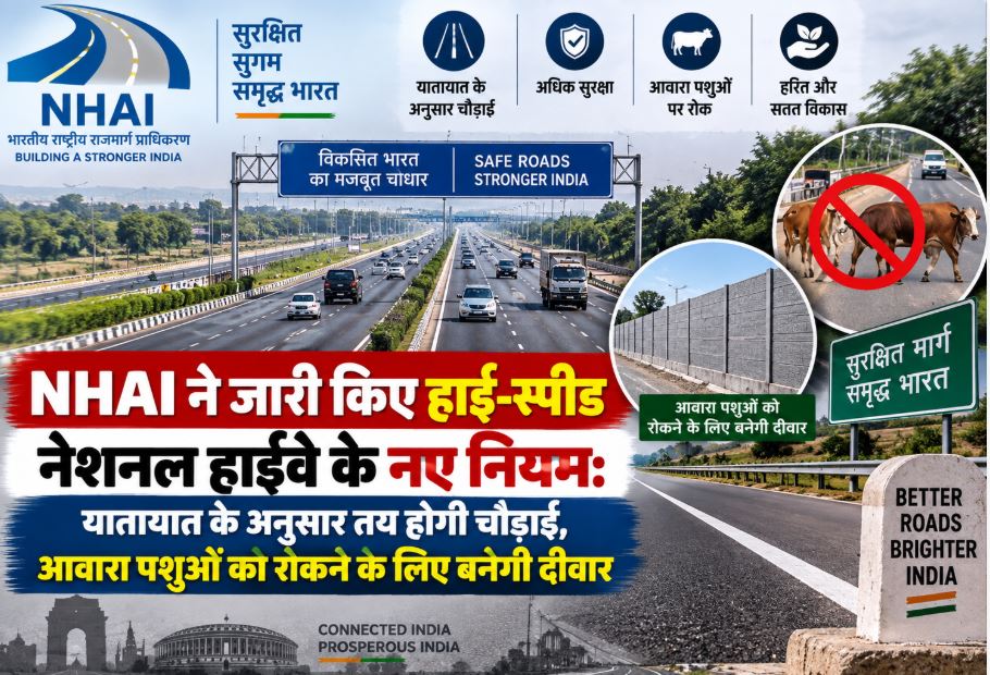 Vehicles moving on a high-speed access-controlled national highway in India, built according to new NHAI guidelines
