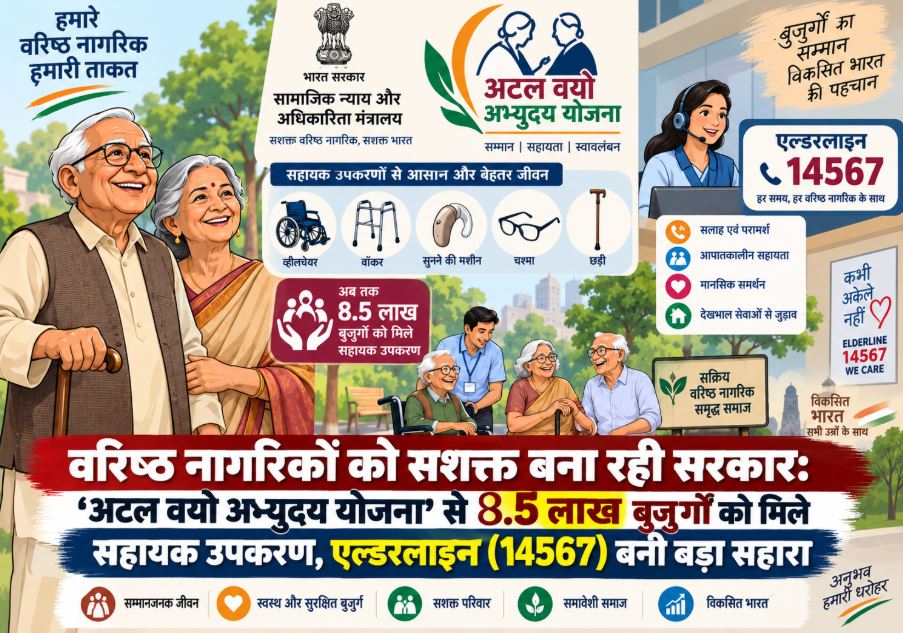 Elderly citizens receiving free assistive devices like wheelchairs and hearing aids under the Rashtriya Vayoshri Yojana