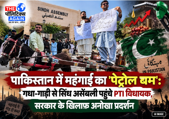 PTI leaders led by Sajjad Ali riding a donkey cart to the Sindh Assembly protesting skyrocketing petrol prices in Pakistan