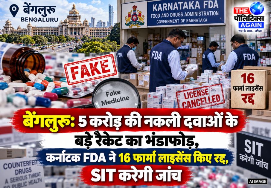 Karnataka FDA officials inspecting a stash of fake medicines and packaging materials seized at a farmhouse in Bidadi, Bengaluru