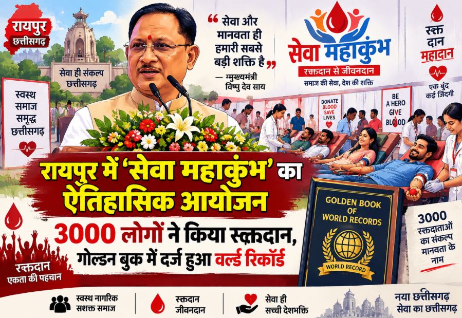 Mass blood donation drive at the Seva Mahakumbh in Raipur's Indoor Stadium setting a Golden Book of World Record