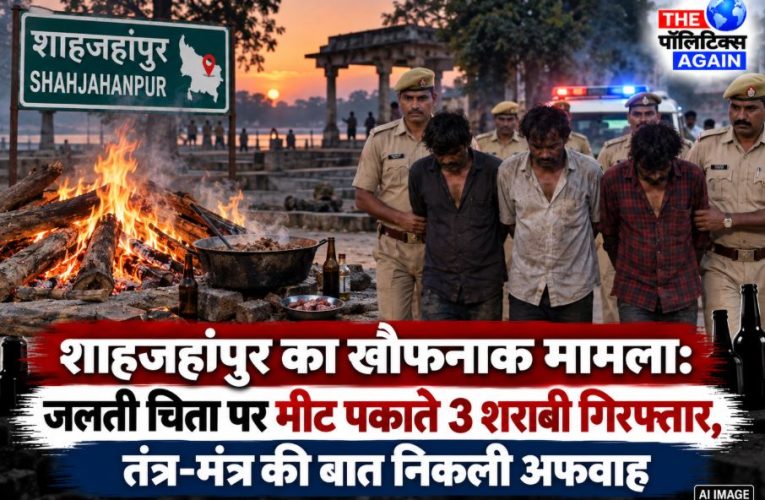 Police arresting three accused for cooking meat on a burning funeral pyre in Shahjahanpur