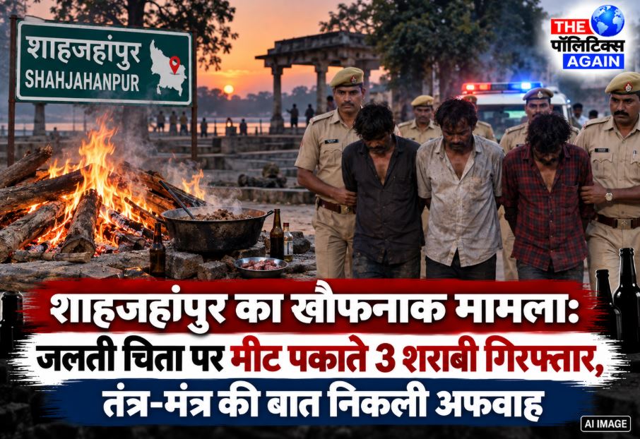 Police arresting three accused for cooking meat on a burning funeral pyre in Shahjahanpur