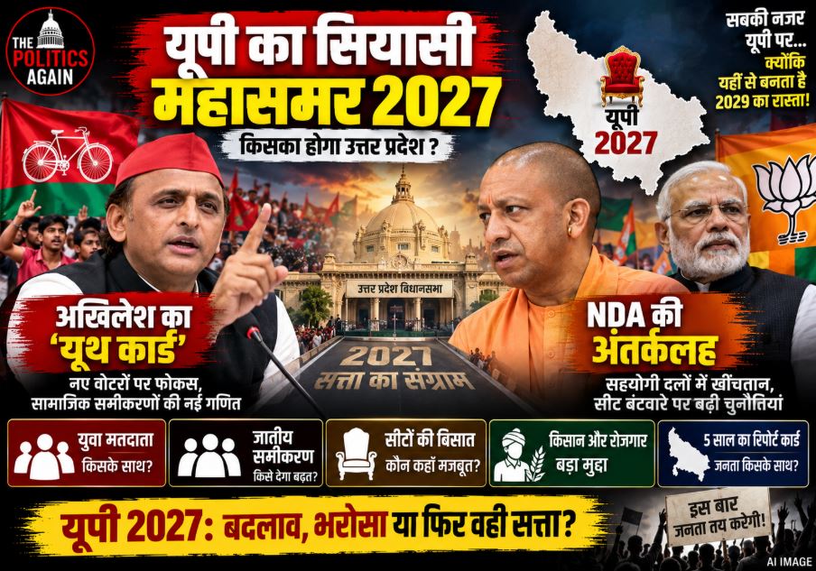 A conceptual graphic representing the political chessboard of Uttar Pradesh ahead of the 2027 assembly elections