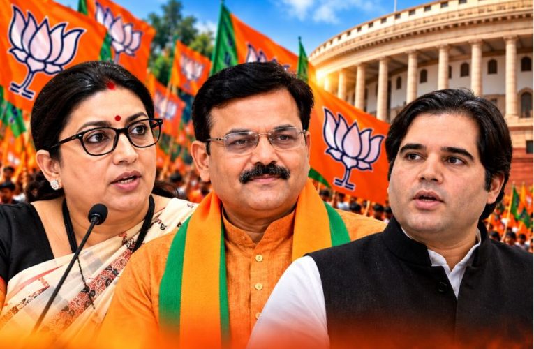File photos of BJP leaders Smriti Irani, Harish Dwivedi, and Varun Gandhi who are the frontrunners for the upcoming Rajya Sabha elections from Uttar Pradesh