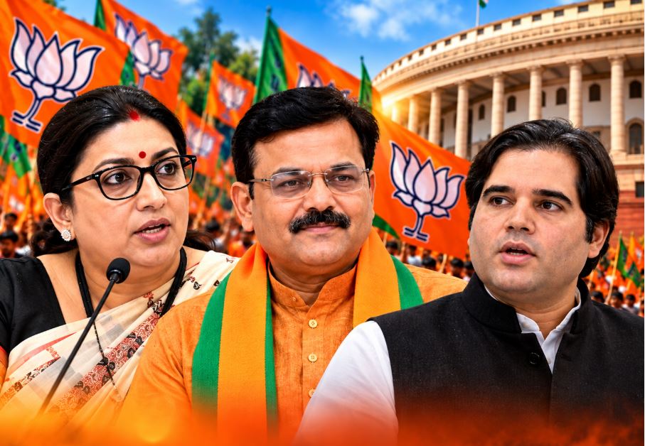 File photos of BJP leaders Smriti Irani, Harish Dwivedi, and Varun Gandhi who are the frontrunners for the upcoming Rajya Sabha elections from Uttar Pradesh
