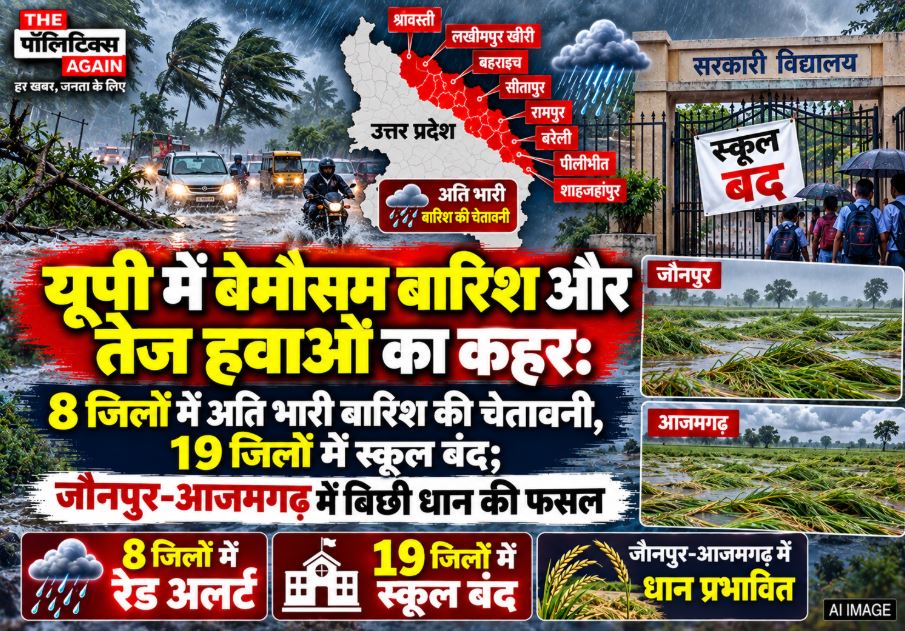 Flattened paddy crops in waterlogged fields in Jaunpur and Azamgarh following heavy rains and gusty winds in Uttar Pradesh