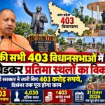Statue of Dr. B.R. Ambedkar being beautified and protected with a boundary wall and canopy as part of the UP government scheme